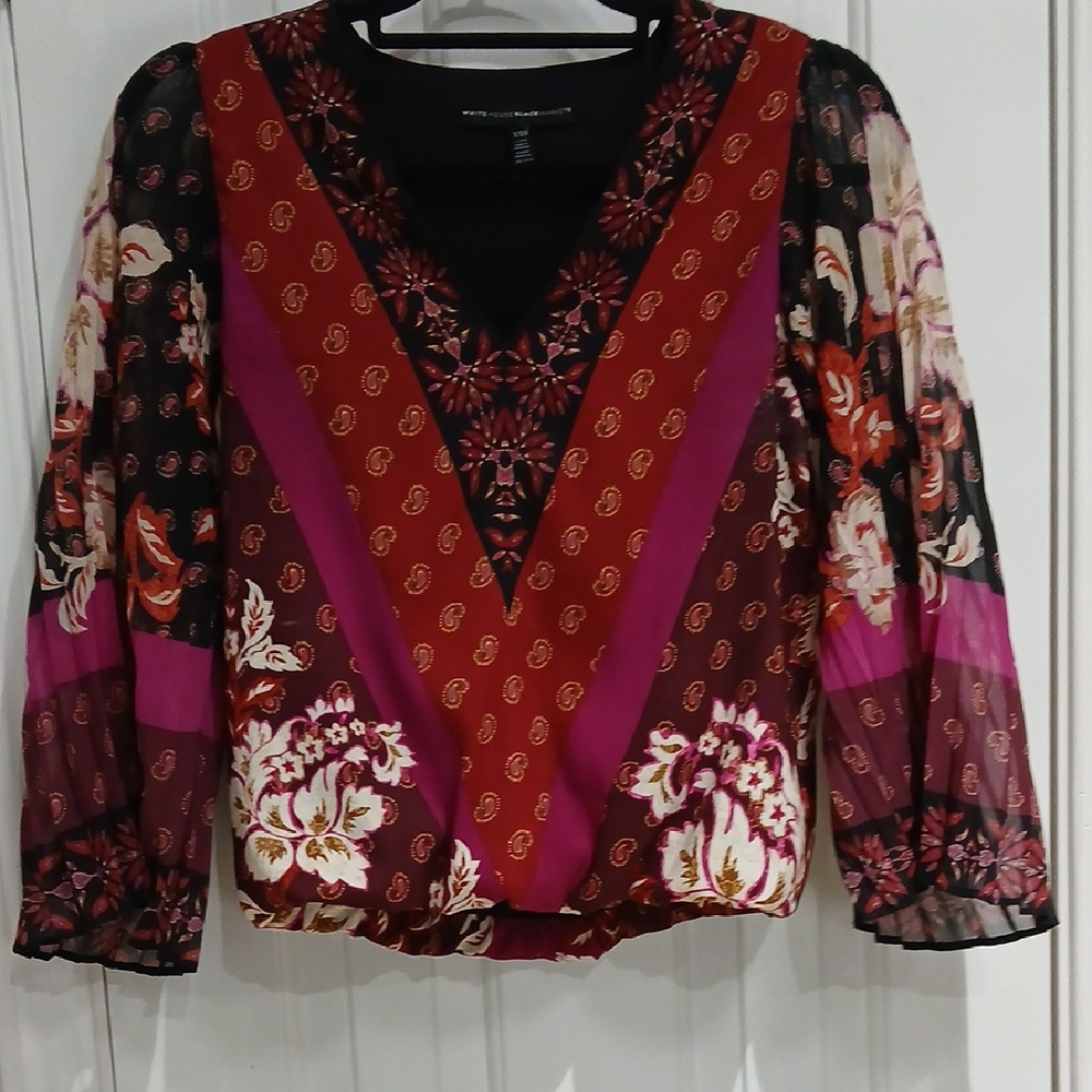 White House Black Market Red Pink Graphic Blouse